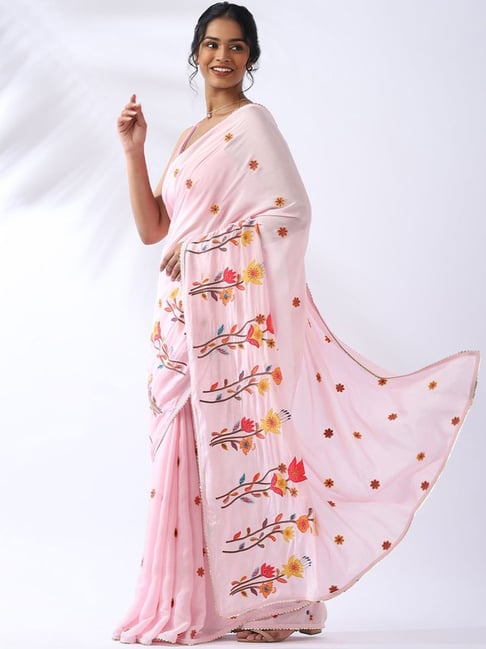 Taneira Pink Embroidered Saree With Unstitched Blouse Price in India