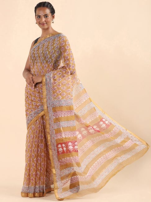 Taneira Brown Woven Sanganeri Saree With Unstitched Blouse Price in India