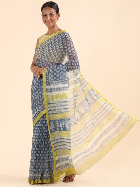 Taneira Blue Woven Sanganeri Saree With Unstitched Blouse Price in India