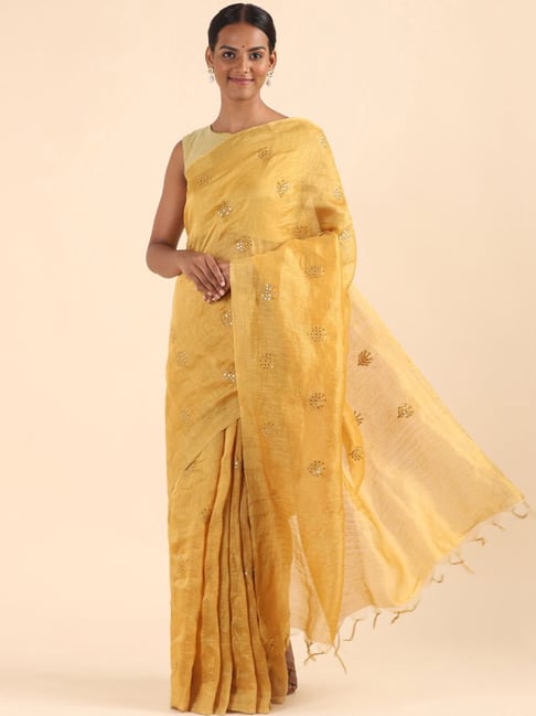 Taneira Yellow Linen Embroidered Saree With Unstitched Blouse Price in India