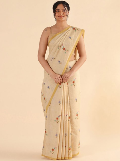 Taneira Beige Printed Saree With Unstitched Blouse Price in India