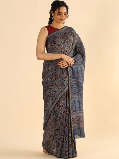 Taneira Black & Blue Silk Cotton Printed Saree With Unstitched Blouse Price in India