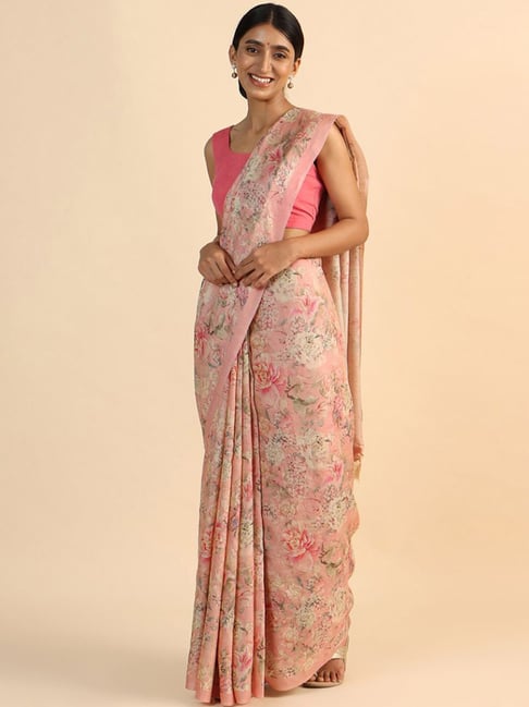 Taneira Pink Printed Saree With Unstitched Blouse Price in India