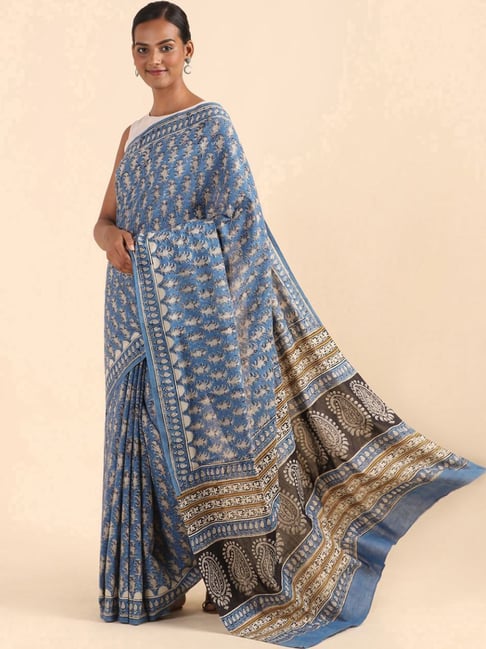 Taneira Blue Cotton Printed Saree With Unstitched Blouse Price in India