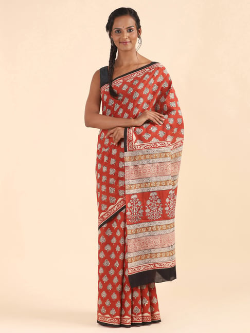 Taneira Red Cotton Printed Saree With Unstitched Blouse Price in India