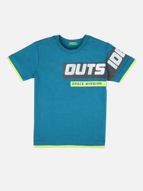 United Colors of Benetton Kids Turquoise Blue Cotton Printed T-Shirt