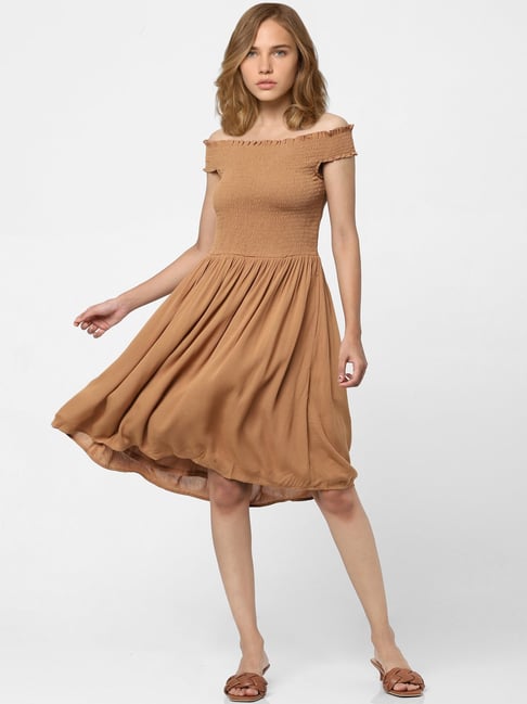 Only Brown Midi Fit & Flare Dress Price in India
