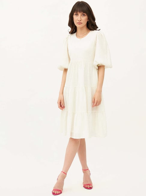 Femella Off- White Textured Fit & Flare Dress Price in India