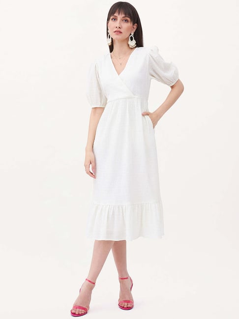 Femella Off- White Textured Fit & Flare Dress Price in India