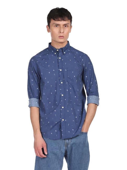 Aeropostale Blue Cotton Regular Fit Printed Shirt