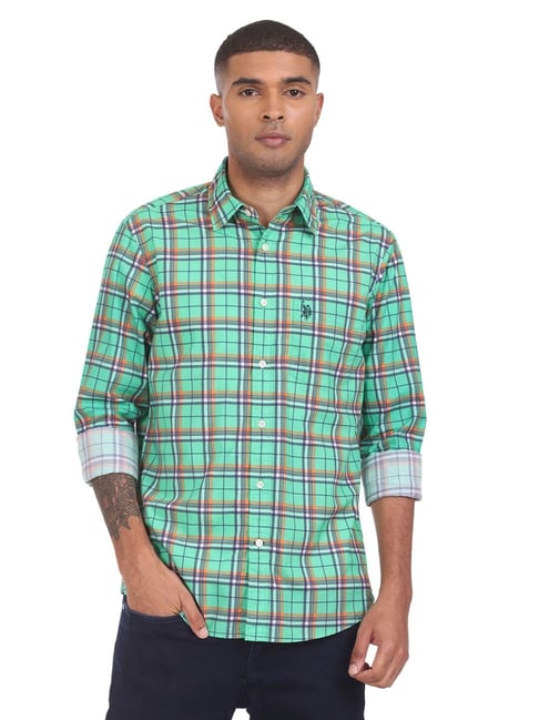 Buy Polo Green Cotton Regular Fit Checks Shirts for