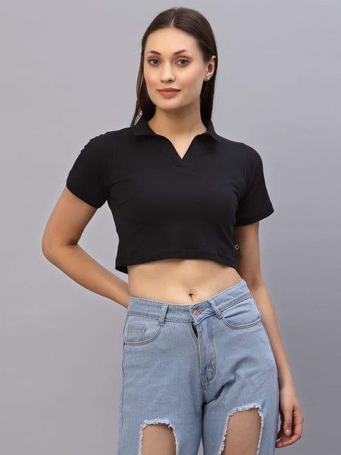 Buy Rigo Black Shirt Collar Crop Top for Women's Online @ Tata CLiQ