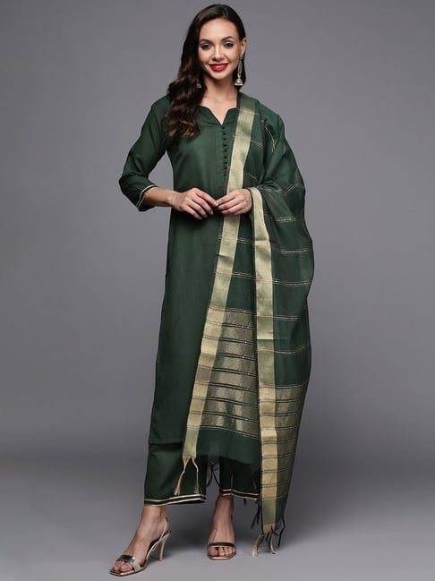 Indo Era Green Pure Cotton Kurta Palazzo Set With Dupatta Price in India