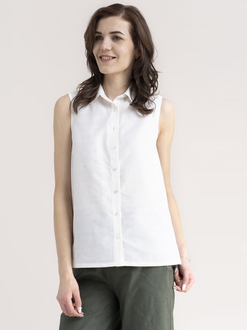 FableStreet Cotton Linen White Sleeveless Shirt