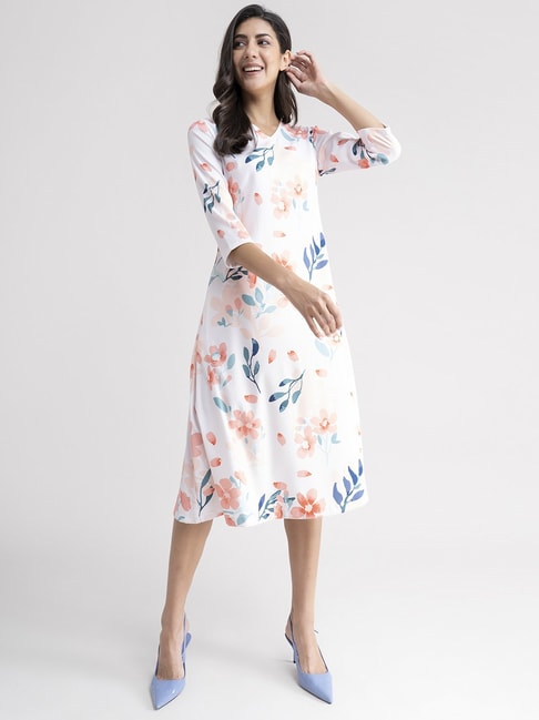 FableStreet White Floral Print A-Line Dress Price in India