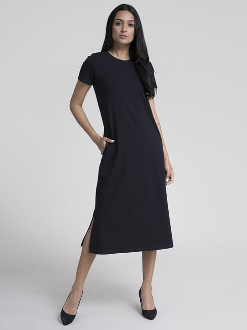 FableStreet Black Cotton A-Line Dress Price in India