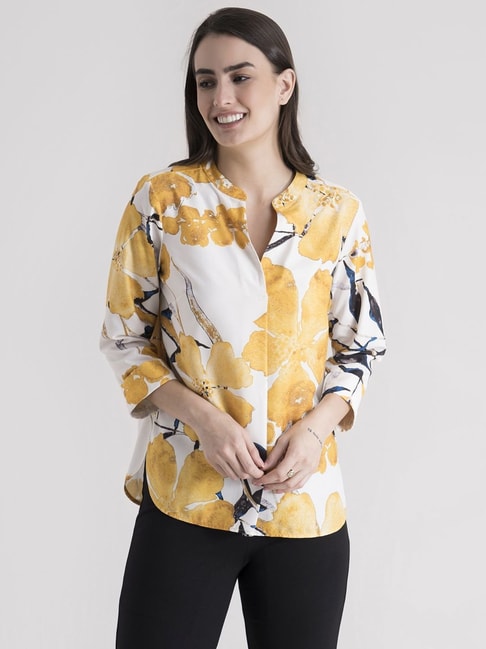 FableStreet Mustard & White Floral Print Top Price in India