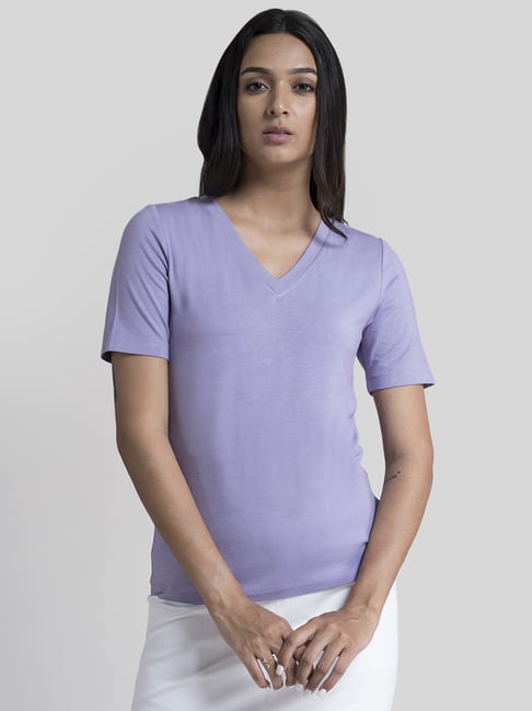 Buy Fablestreet Lavender V-Neck T-Shirt for Women Online Tata CLiQ