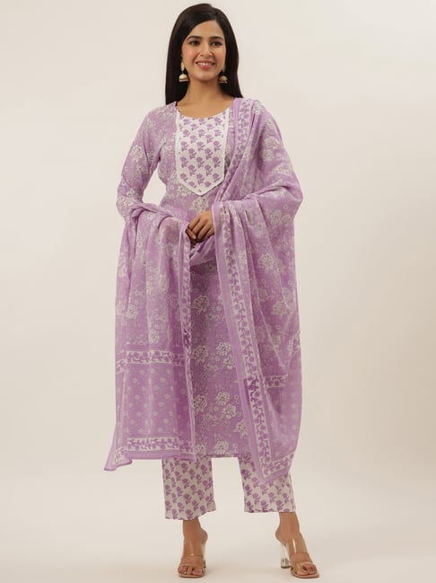 Yufta Purple & Off-White Cotton Printed Kurta Pant Set With Dupatta