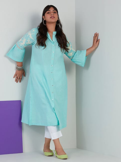 Diza Curves by Westside Aqua Embroidered A-Line Kurta Price in India