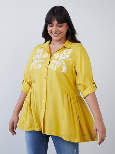 Gia Curves by Westside Mustard Embroidered Flared Top Price in India