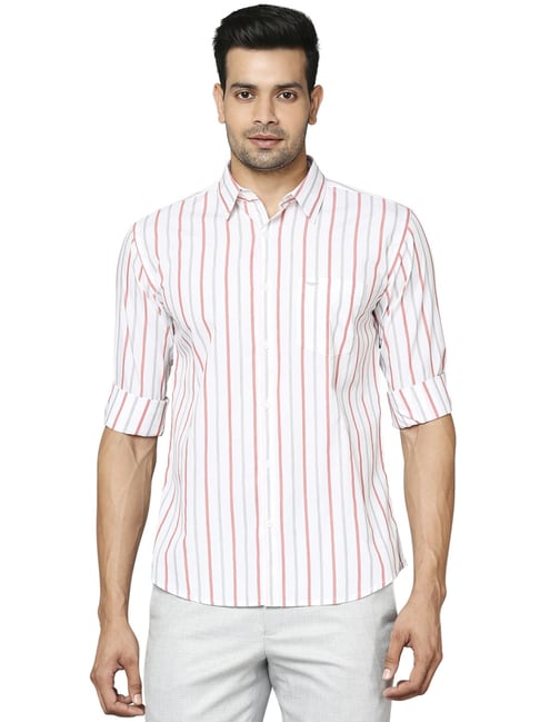 Park Avenue White Cotton Slim Fit Striped Shirt