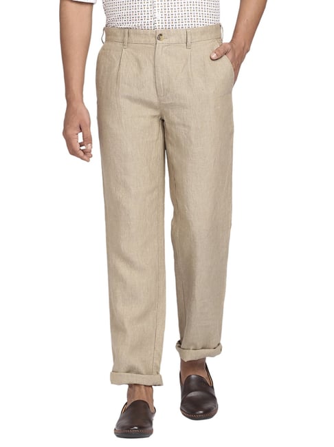 PT01 Slim Fit Pleated Linen Trousers Light Beige at CareOfCarl.com
