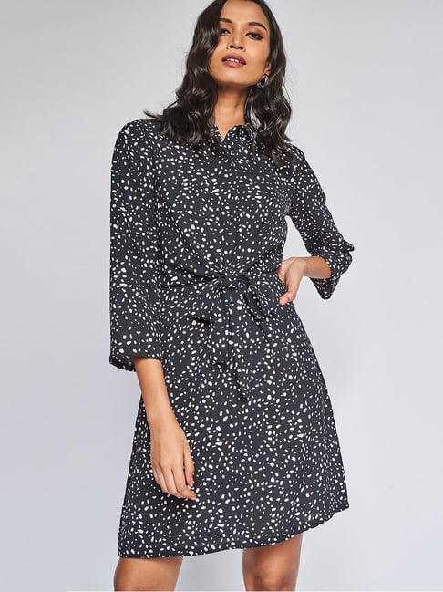 AND Black Printed Midi A-Line Dress Price in India