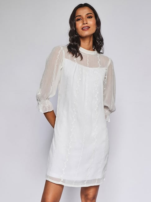 AND White Embroidered Midi A-Line Dress Price in India