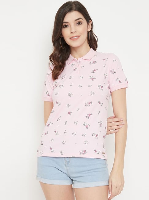 MADAME Pink Cotton Floral Print T-Shirt Price in India