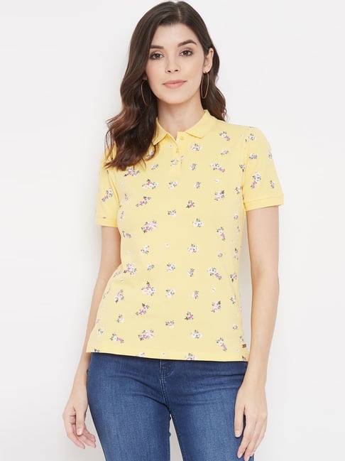 MADAME Yellow Cotton Floral Print T-Shirt Price in India