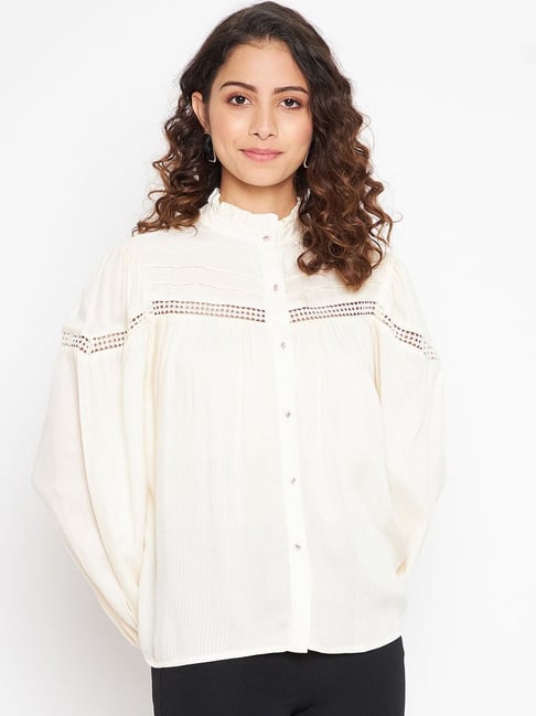 Buy MADAME Off-White Cotton Self Pattern Top for Women Online