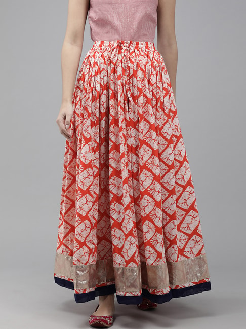 Geroo Jaipur Orange Cotton Printed Skirt