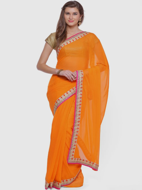 Geroo Jaipur Orange Embroidered Saree with unstitched Blouse Price in India