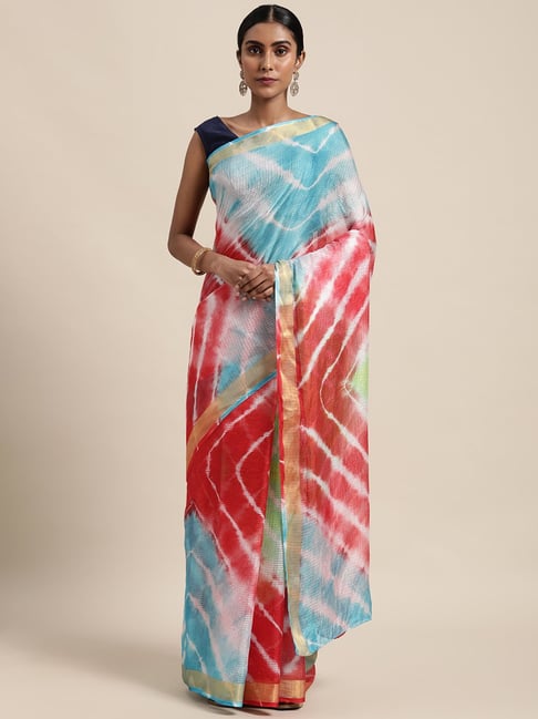 Geroo Jaipur Blue & Red Woven Saree with unstitched Blouse Price in India