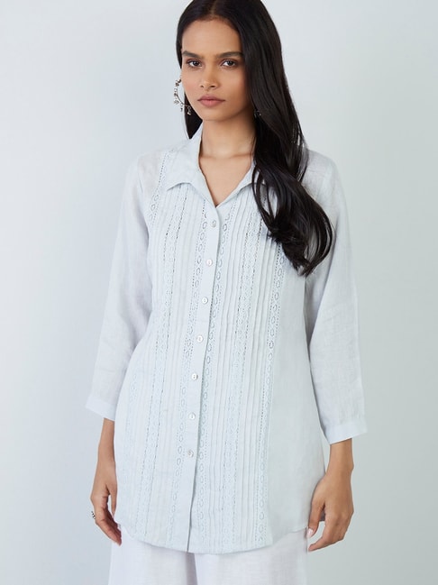 Zuba by Westside Light Blue Crochet-Detailed Ethnic Shirt Price in India