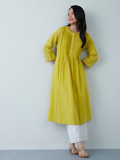 Utsa by Westside Yellow Pintuck-Detailed Fit-and-Flare Kurta Price in India