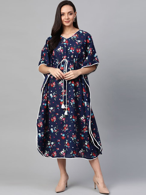 YASH GALLERY Blue Cotton Printed A-Line dress Kaftan Price in India