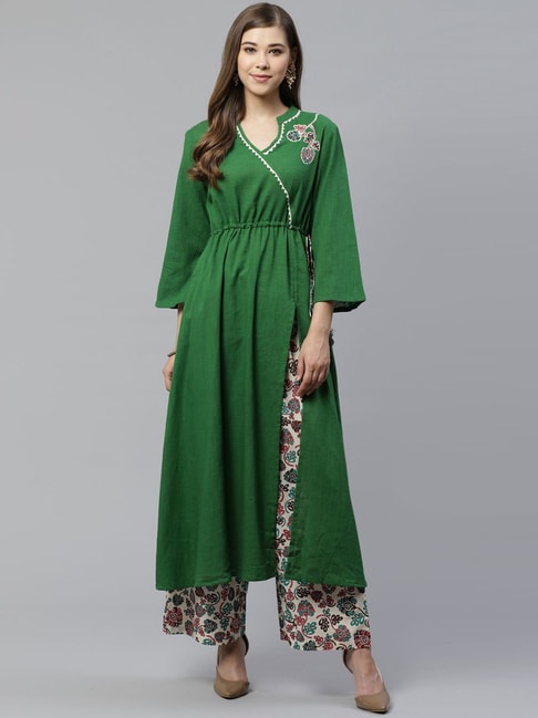 YASH GALLERY Green & Off-White Embroidered Kurta Palazzo Set Price in India