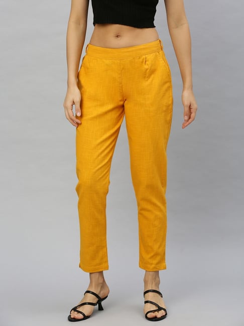 Cotton Cigarette Pants in yellow color  cotrasworld