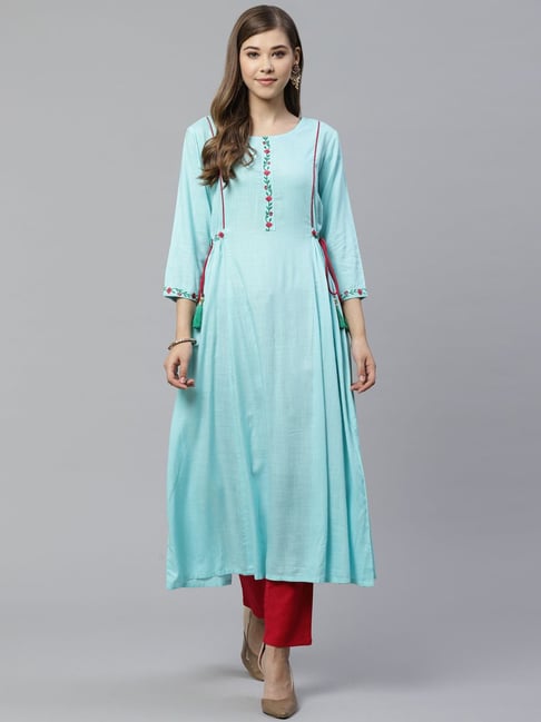 Buy SAYONEE Creations Designer Kurti with Embroidery Viscose Rayon Sky Blue  Kurta with Pant Set for Women (Large) at Amazon.in