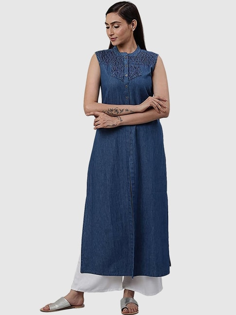 Casual Wear Ladies 34Th Sleeve Round Neck Blue Denim Kurti at Best Price  in Surat  Vishwa Creation