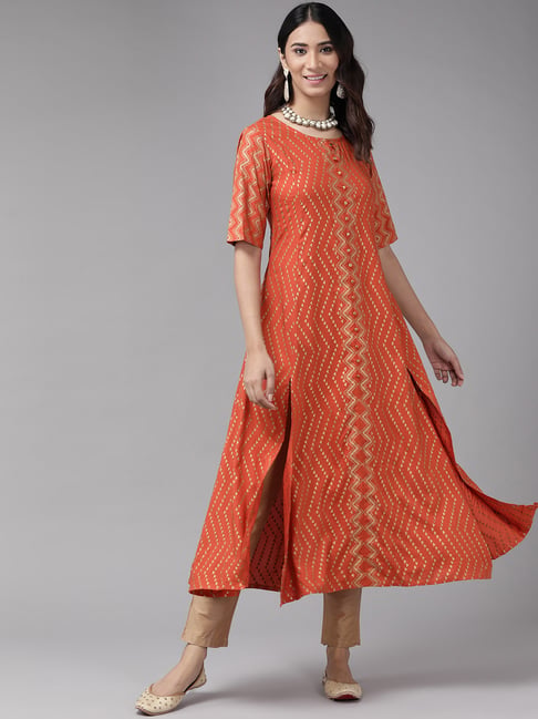 YASH GALLERY Orange Printed A Line Kurta-picture-25