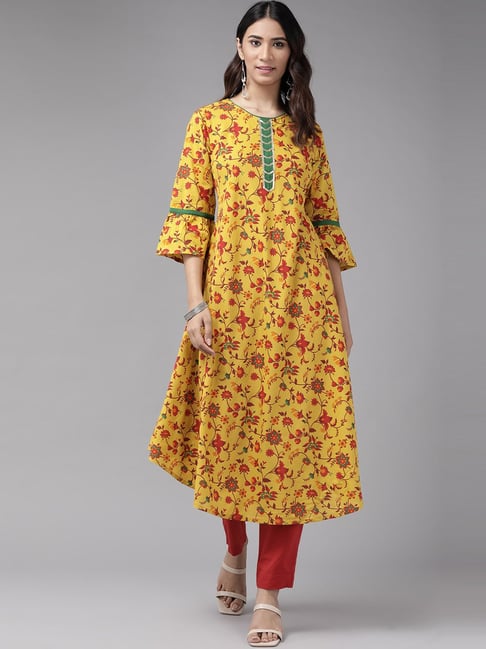 YASH GALLERY Yellow Cotton Printed A Line Kurta-picture-11