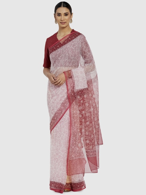 Fabindia Red & White Cotton Silk Printed Saree Price in India