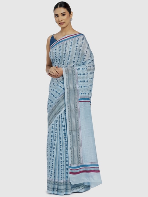 Fabindia Sky Blue Printed Saree Price in India