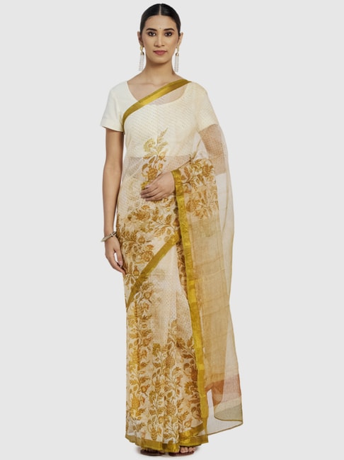 Fabindia Yellow Silk Printed Saree Price in India