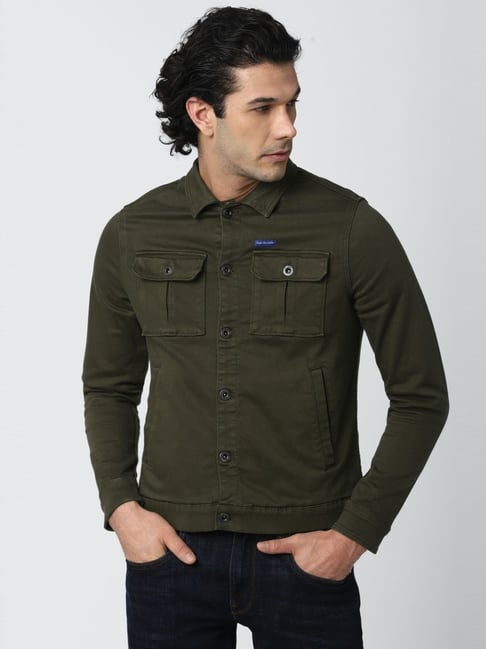 Dark green muscle on sale fit denim jacket