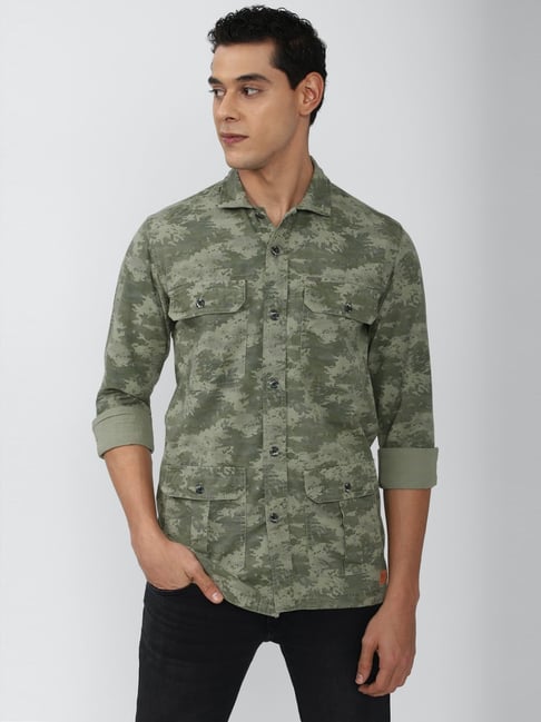 Peter England Green Cotton Slim Fit Camouflage Shirt