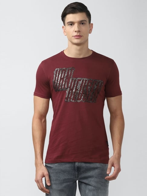 Buy Van Heusen Maroon Cotton Slim Fit Printed T-Shirt for Mens